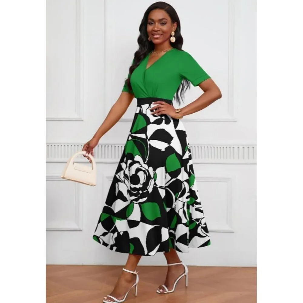 Women's V Neck Midi Dress Polyester Elastane A-Line Short Sleeve Elegant